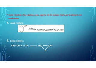 • Toute réaction d’oxydation avec rupture de la chaine n’est pas forcément une
combustion.
1. Avec rupture :
2. Sans rupture :
CH2=CH2 + ½ O2 H2C CH2 .
O
 