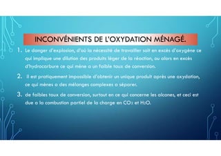 INCONVÉNIENTS DE L’OXYDATION MÉNAGÉ.
1. Le danger d’explosion, d’où la nécessité de travailler soit en excès d’oxygène ce
qui implique une dilution des produits léger de la réaction, ou alors en excès
d’hydrocarbure ce qui mène a un faible taux de conversion.
2. il est pratiquement impossible d’obtenir un unique produit après une oxydation,
ce qui mènes a des mélanges complexes a séparer.
3. de faibles taux de conversion, surtout en ce qui concerne les alcanes, et ceci est
due a la combustion partiel de la charge en CO2 et H2O.
 