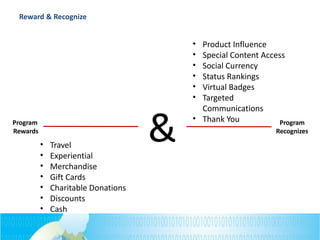 Reward & Recognize
Program
Recognizes
Program
Rewards
&• Travel
• Experiential
• Merchandise
• Gift Cards
• Charitable Donations
• Discounts
• Cash
• Product Influence
• Special Content Access
• Social Currency
• Status Rankings
• Virtual Badges
• Targeted
Communications
• Thank You
 