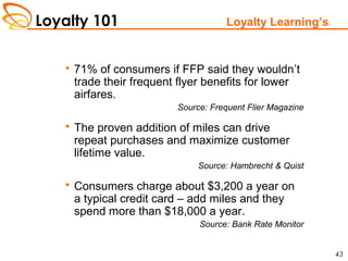 Loyalty 101
43
Loyalty Learning’s
 71% of consumers if FFP said they wouldn’t
trade their frequent flyer benefits for lower
airfares.
Source: Frequent Flier Magazine
 The proven addition of miles can drive
repeat purchases and maximize customer
lifetime value.
Source: Hambrecht & Quist
 Consumers charge about $3,200 a year on
a typical credit card – add miles and they
spend more than $18,000 a year.
Source: Bank Rate Monitor
 