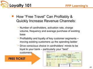 Loyalty 101
44
FFP Learning’s
 How “Free Travel” Can Profitably &
Quickly Increase Revenue Channels:
 Number of cardholders, activation rate, charge
volume, frequency and average purchase of existing
base
 Profitability and loyalty of key customer segments –
moving existing customers up the spending ladder
 Drive conscious choice in cardholders’ minds to be
loyal to your bank – particularly your “best”
customers
FREE TICKET
 