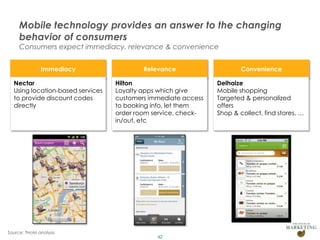 Mobile technology provides an answer to the changing
behavior of consumers
Consumers expect immediacy, relevance & convenience
Immediacy

Relevance

Convenience

Nectar
Using location-based services
to provide discount codes
directly

Hilton
Loyalty apps which give
customers immediate access
to booking info, let them
order room service, checkin/out, etc

Delhaize
Mobile shopping
Targeted & personalized
offers
Shop & collect, find stores, …

Source: THoM analysis

42

 