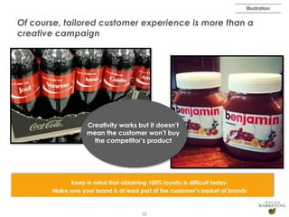 Illustration

Of course, tailored customer experience is more than a
creative campaign

Creativity works but it doesn’t
mean the customer won’t buy
the competitor’s product

Keep in mind that obtaining 100% loyalty is difficult today.
Make sure your brand is at least part of the customer’s basket of brands

52

 