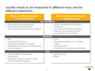 Loyalty needs to be measured in different ways and for
different objectives
Effects of attitudinal loyalty
= customer equity

Effects of behavioral loyalty
= marketing value
Key questions

•
•
•

How loyal do customers feel?
What is driving their loyalty?
Would they recommend us to others?

•
•
•

What is the ROMI of the loyalty
initiative?
To what extent did it help reach
retention and development?
How did the CLTV evolve?

Measures
•
•
•
•

NPS
Customer Effort Score
Qualitative research on drivers
Quantitative tracking of performance
on these drivers

•
•
•
•

CLTV
Changes in frequency, monetary
value,…
Price sensitivity
Contract renewal rates, profitability

Use
•

Defining direction for loyalty
instruments:
Branding, product, service, loyalty
actions, loyalty programs,…

•
•

71

Business case
ROMI

 