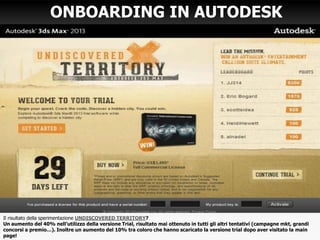 Il risultato della sperimentazione UNDISCOVERED TERRITORY?
Un aumento del 40% nell’utilizzo della versione Trial, risultato mai ottenuto in tutti gli altri tentativi (campagne mkt, grandi
concorsi a premio…). Inoltre un aumento del 10% tra coloro che hanno scaricato la versione trial dopo aver visitato la main
page!
ONBOARDING IN AUTODESK
 