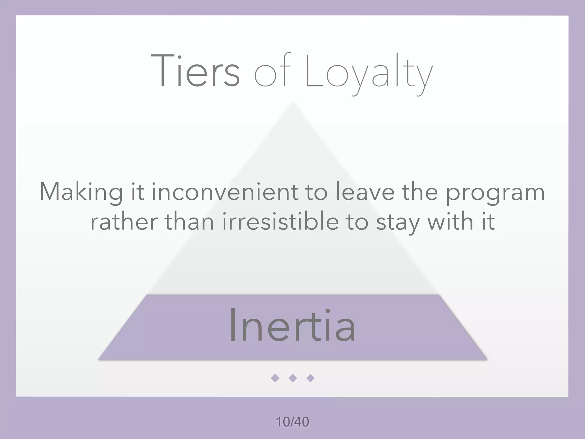 10/40
Tiers of Loyalty
Inertia
Making it inconvenient to leave the program
rather than irresistible to stay with it
 