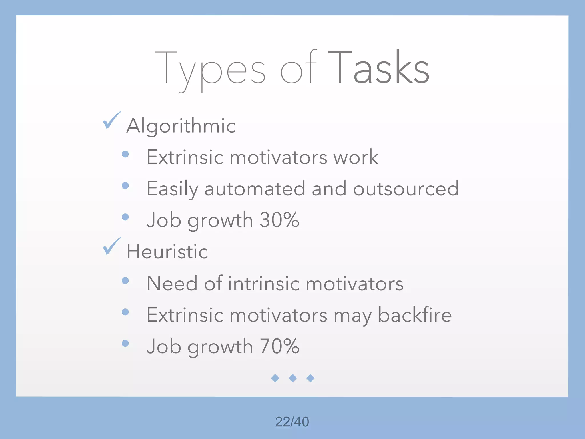 22/40
Types of Tasks
üAlgorithmic
• Extrinsic motivators work
• Easily automated and outsourced
• Job growth 30%
üHeuristic
• Need of intrinsic motivators
• Extrinsic motivators may backfire
• Job growth 70%
 