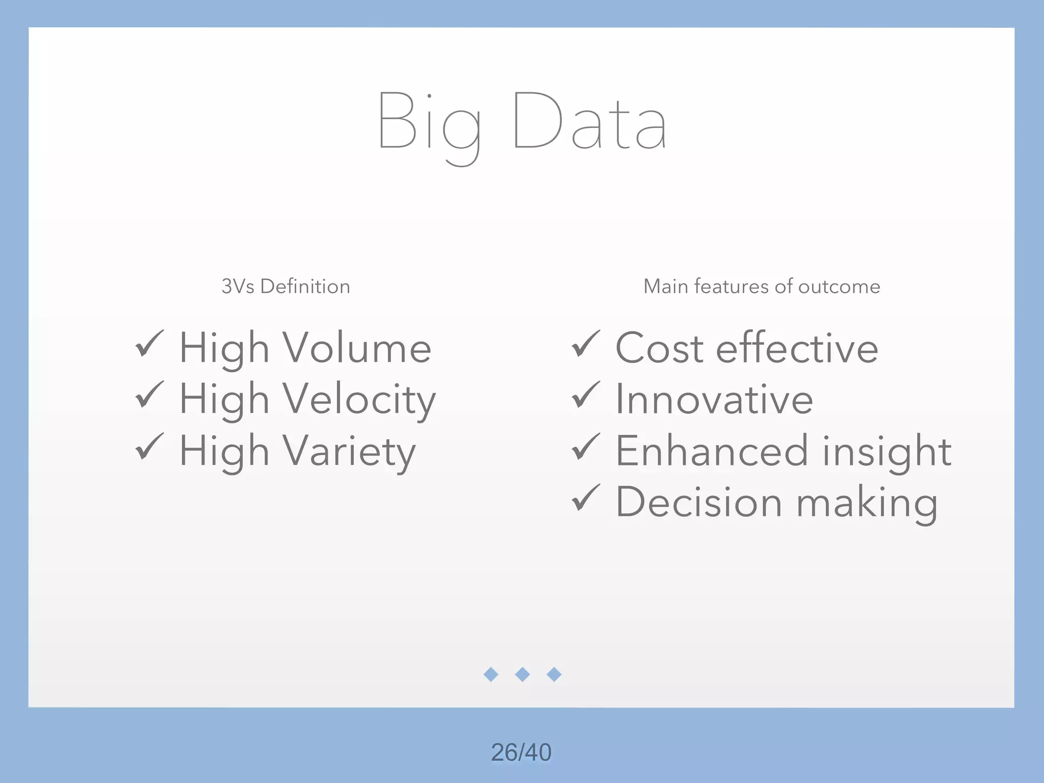 26/40
Big Data
ü High Volume
ü High Velocity
ü High Variety
3Vs Definition
ü Cost effective
ü Innovative
ü Enhanced insight
ü Decision making
Main features of outcome
 
