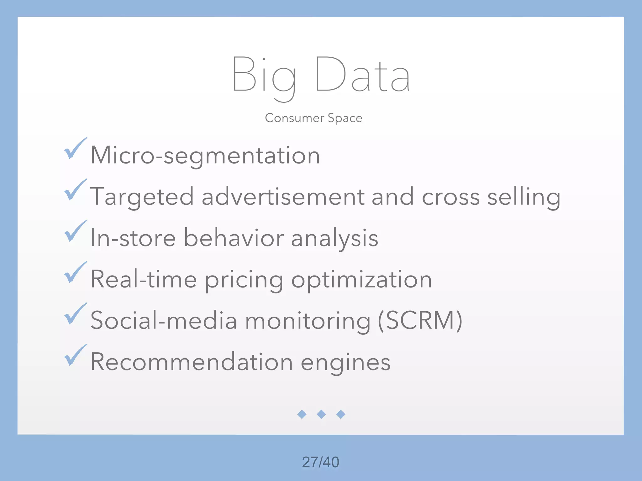 27/40
Big Data
üMicro-segmentation
üTargeted advertisement and cross selling
üIn-store behavior analysis
üReal-time pricing optimization
üSocial-media monitoring (SCRM)
üRecommendation engines
Consumer Space
 