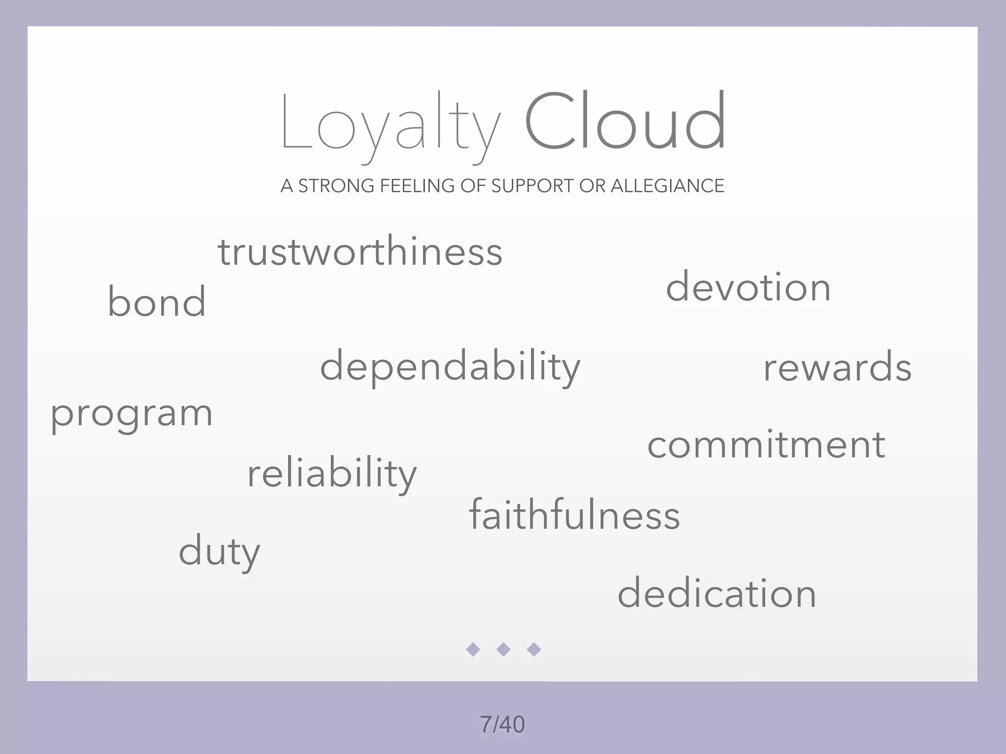 7/40
Loyalty Cloud
A STRONG FEELING OF SUPPORT OR ALLEGIANCE
reliability
dependability
bond
trustworthiness
duty
commitment
devotion
dedication
faithfulness
program
rewards
 