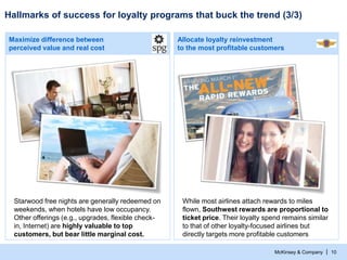 McKinsey & Company |
Allocate loyalty reinvestment
to the most profitable customers
Maximize difference between
perceived value and real cost
Hallmarks of success for loyalty programs that buck the trend (3/3)
10
Starwood free nights are generally redeemed on
weekends, when hotels have low occupancy.
Other offerings (e.g., upgrades, flexible check-
in, Internet) are highly valuable to top
customers, but bear little marginal cost.
While most airlines attach rewards to miles
flown, Southwest rewards are proportional to
ticket price. Their loyalty spend remains similar
to that of other loyalty-focused airlines but
directly targets more profitable customers
 
