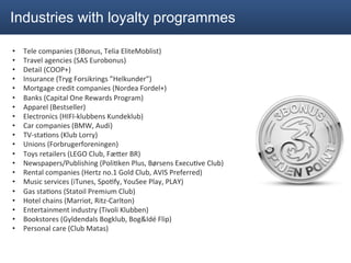 Industries with loyalty programmes

•    Tele	
  companies	
  (3Bonus,	
  Telia	
  EliteMoblist)	
  
•    Travel	
  agencies	
  (SAS	
  Eurobonus)	
  
•    Detail	
  (COOP+)	
  
•    Insurance	
  (Tryg	
  Forsikrings	
  ”Helkunder”)	
  
•    Mortgage	
  credit	
  companies	
  (Nordea	
  Fordel+)	
  
•    Banks	
  (Capital	
  One	
  Rewards	
  Program)	
  
•    Apparel	
  (Bestseller)	
  
•    Electronics	
  (HIFI-­‐klubbens	
  Kundeklub)	
  
•    Car	
  companies	
  (BMW,	
  Audi)	
  
•    TV-­‐sta2ons	
  (Klub	
  Lorry)	
  
•    Unions	
  (Forbrugerforeningen)	
  
•    Toys	
  retailers	
  (LEGO	
  Club,	
  Fæger	
  BR)	
  
•    Newspapers/Publishing	
  (Poli2ken	
  Plus,	
  Børsens	
  Execu2ve	
  Club)	
  
•    Rental	
  companies	
  (Hertz	
  no.1	
  Gold	
  Club,	
  AVIS	
  Preferred)	
  
•    Music	
  services	
  (iTunes,	
  Spo2fy,	
  YouSee	
  Play,	
  PLAY)	
  
•    Gas	
  sta2ons	
  (Statoil	
  Premium	
  Club)	
  
•    Hotel	
  chains	
  (Marriot,	
  Ritz-­‐Carlton)	
  
•    Entertainment	
  industry	
  (Tivoli	
  Klubben)	
  
•    Bookstores	
  (Gyldendals	
  Bogklub,	
  Bog&Idé	
  Flip)	
  
•    Personal	
  care	
  (Club	
  Matas)	
  
 