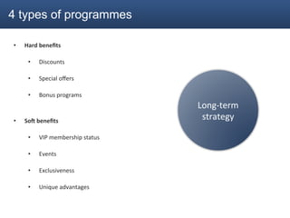 4 types of programmes

•    Hard	
  beneﬁts	
  

      •     Discounts	
  

      •     Special	
  oﬀers	
  

      •     Bonus	
  programs	
  
            	
                                Long-­‐term	
  
•    So;	
  beneﬁts	
  
                                               strategy	
  

      •     VIP	
  membership	
  status	
  

      •     Events	
  

      •     Exclusiveness	
  

      •     Unique	
  advantages	
  
 