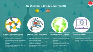 Top Challenges in Loyalty Industry in 2023
PERSONALIZED EXPERIENCE
✓ To Form Personal connections.
✓ To understand consumer preferences.
(Cash, Non- cash experiential
rewards).
✓ To customize as opposed to “One size
fits all” traditional way.
OMNICHANNEL PROGRAMS
✓ Whether it’s Online or in-store make
it omnichannel ready.
✓ Integration of technology and data
across all touchpoints.
✓ Managing end-to-end consumer
engagement.
SUSTAINABILITY AND CSR
✓ To make environment-friendly
purchases.
✓ To Reduce carbon footprint.
✓ To support a social cause and
contribute to sustainability
goals.
KEEPING IT SIMPLE
✓ To simplify registration rules.
✓ To make it easy for multi-channel
partners.
 