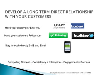 Loyalty@textcher.com | www.textcher.com| (347) 559-7480 Have your customers “Like” you  Have your customers Follow you Stay in touch directly SMS and Email  Compelling Content + Consistency + Interaction + Engagement = Success 