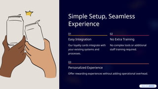 Simple Setup, Seamless
Experience
01
Easy Integration
Our loyalty cards integrate with
your existing systems and
processes.
02
No Extra Training
No complex tools or additional
staff training required.
03
Personalized Experience
Offer rewarding experiences without adding operational overhead.
 
