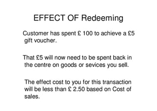 EFFECT OF Redeeming
Customer has spent £ 100 to achieve a £5
gift voucher.

That £5 will now need to be spent back in
the centre on goods or sevices you sell.

The effect cost to you for this transaction
will be less than £ 2.50 based on Cost of
sales.
 