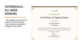 INTERNSHALA -
ALL INDIA
RANKING
• Our college has positioned
rank 80 in Internshala All
India ranking among 2000+
colleges for year 2023.
 