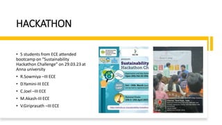 HACKATHON
• 5 students from ECE attended
bootcamp on “Sustainability
Hackathon Challenge” on 29.03.23 at
Anna university
• R.Sowmiya –III ECE
• D.Yamini-III ECE
• C.Joel –III ECE
• M.Akash-III ECE
• V.Giriprasath –III ECE
 