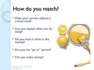 How do you match?
  Does    your service address a
    critical need?

  Can   you explain what you do
    easily?

  Do  you have a niche in the
    market?

  Are      you the “go to” person?

  Can      you make money?

Copyright 2013, Lynn Hazan &
Associates, Inc.
 