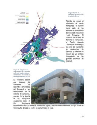 28
Además de crecer el
movimiento de bienes
monetarios, el turismo
como parte de los
servicios de subsistencia
de la ciudad inaugura el
Hotel Tocarema, El
Hospital San Rafael, el
Terminal de Transportes,
el Estado Atanasio
Girardot, etc. Flandes por
su parte se especializó
en restaurantes de
pescado y consolido la
imagen de un territorio
dependiente de las
grandes dinámicas de
Girardot.
Es necesario aclarar
que después de
suspender los
recorridos comerciales
del ferrocarril y ser
reemplazados por el
sistema de carreteras,
además de la llegada
de los hidroplanos
acuatizando sobre el
Río Magdalena
estableciendo una ruta comercial distinta, más rápida y efectiva entre el interior del país y la ciudad de
Barranquilla, Girardot se vuelve un eje turístico y de paso.
Imagen 16. Fotografía de la
sede del Banco de la República
de Girardot actualmente sede
de la biblioteca del Banco de la
República, toma hecha en 2015
Imagen 15. plano de
crecimiento de 1950-1970 de
la ciudad de Girardot
 