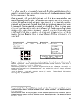 14
Y en su lugar buscando un beneficio para los habitantes de Girardot en especial dentro del polígono
de acción y como este tiene una repercusión en el desarrollo de la ciudad y las ondas expansivas de
las intervenciones que en él se realicen.
Ahora es necesario ver la esencia del territorio, por medio de la forma, ya que este tiene unas
características establecidas, las cuales a la hora de ser examinadas con detenimiento, pertenecen a
una época distinta a los procesos de colonización, lo que nos permite ver es un sistema de interacción,
en donde la función que cumple el centro de desarrollo de las interacciones, se puede relacionar con
la plaza colonial, el cual, es el punto de partida de la consolidación de un sistema de retícula, que en
el momento industrial podría tener relación con el río Magdalena, la plaza de mercado y las principales
calles comerciales que se relacionan con el puerto y sus vías de comunicación terrestres (carreteras
y vías férreas). Parte de lo que se describe en este párrafo, puede verse y compararse a partir de los
siguientes diagramas. (Diagramal Sistema de retícula)1 (Diagrama 2. Sistema de interacciones en la
modernidad)2
Diagrama 1. “La plaza mayor era el eje del ordenamiento urbano. A partir de allí se ordenaba la traza de las ciudades. Se
trataba de la aplicación de la retícula, formada por las calles paralelas que se cruzan en ángulo recto. En este modelo la
plaza ocupa el puesto del centro geométrico, simbólico y vital.
Es el elemento generador de lo urbano y toda ciudad se organiza a partir de este. Alrededor de la plaza mayor, que
generalmente es una manzana vacía empezaba la cuadricula a servir de esquema para permitir la extensión de la ciudad
en todas las direcciones.”
Tomado de: Zambrano Pantoja, Fabio, “Pobladores Urbanos (I) – Ciudades y Espacios, Instituto Colombiano de
Antropología, Pág. 35-39, Ed. TM, COLOMBIA.
1
Imagen extraída de Villamil, Mauricio. (2005) Huellas físicas de esplendores efímeros evolución, consolidación, estructura
urbana y valoración de un sector histórico del siglo XX en Colombia, Girardot-Cundinamarca. Tesis de Maestría. Pontificia
Universidad Javeriana.
2
Imagen extraída de Villamil, Mauricio. (2005) Huellas físicas de esplendores efímeros evolución, consolidación, estructura
urbana y valoración de un sector histórico del siglo XX en Colombia, Girardot-Cundinamarca. Tesis de Maestría. Pontificia
Universidad Javeriana.
 