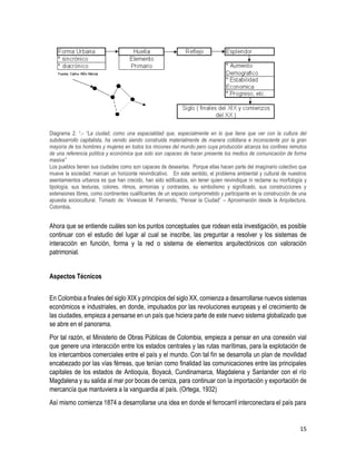 15
Diagrama 2. 1.- “La ciudad, como una espacialidad que, especialmente en lo que tiene que ver con la cultura del
subdesarrollo capitalista, ha venido siendo construida materialmente de manera cotidiana e inconsciente por la gran
mayoría de los hombres y mujeres en todos los rincones del mundo pero cuya producción alcanza los confines remotos
de una referencia política y económica que solo son capaces de hacer presente los medios de comunicación de forma
masiva”
Los pueblos tienen sus ciudades como son capaces de desearlas. Porque ellas hacen parte del imaginario colectivo que
mueve la sociedad: marcan un horizonte reivindicativo. En este sentido, el problema ambiental y cultural de nuestros
asentamientos urbanos es que han crecido, han sido edificados, sin tener quien reivindique ni reclame su morfología y
tipología, sus texturas, colores, ritmos, armonías y contrastes, su simbolismo y significado, sus construcciones y
extensiones libres, como continentes cualificantes de un espacio comprometido y participante en la construcción de una
apuesta sociocultural. Tomado de: Viviescas M. Fernando, “Pensar la Ciudad” – Aproximación desde la Arquitectura,
Colombia.
Ahora que se entiende cuáles son los puntos conceptuales que rodean esta investigación, es posible
continuar con el estudio del lugar al cual se inscribe, las preguntar a resolver y los sistemas de
interacción en función, forma y la red o sistema de elementos arquitectónicos con valoración
patrimonial.
Aspectos Técnicos
En Colombia a finales del siglo XIX y principios del siglo XX, comienza a desarrollarse nuevos sistemas
económicos e industriales, en donde, impulsados por las revoluciones europeas y el crecimiento de
las ciudades, empieza a pensarse en un país que hiciera parte de este nuevo sistema globalizado que
se abre en el panorama.
Por tal razón, el Ministerio de Obras Públicas de Colombia, empieza a pensar en una conexión vial
que genere una interacción entre los estados centrales y las rutas marítimas, para la explotación de
los intercambios comerciales entre el país y el mundo. Con tal fin se desarrolla un plan de movilidad
encabezado por las vías férreas, que tenían como finalidad las comunicaciones entre las principales
capitales de los estados de Antioquia, Boyacá, Cundinamarca, Magdalena y Santander con el río
Magdalena y su salida al mar por bocas de ceniza, para continuar con la importación y exportación de
mercancía que mantuviera a la vanguardia al país. (Ortega, 1932)
Así mismo comienza 1874 a desarrollarse una idea en donde el ferrocarril interconectara el país para
 
