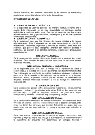 Permite identificar, los procesos implicados en el proceso de formación y
propiedades temporales además el contexto de cognición.
INTELIGENCIA MÚLTIPLES
INTELIGENCIA VERBAL – LINGÜÍSTICA
es la capacidad de usar las palabras de manera efectiva, en forma oral o
escrita. Esta inteligencia se ve muy desarrollada en escritores, poetas,
periodistas y oradores, entre otros. Está en las personas que les encanta
redactar historias, leer, jugar con rimas, trabalenguas y en los que aprenden
con facilidad otros idiomas.
INTELIGENCIA LÓGICO - MATEMÁTICA
Es la capacidad para usar los números de manera efectiva y de razonar
adecuadamente. Esta inteligencia se ve más desarrollada en científicos,
matemáticos, contadores, ingenieros y analistas de sistemas, entre otros. Las
personas que poseen esta inteligencia analizan con facilidad planteos y
problemas. Se acercan a los cálculos numéricos, estadísticas y presupuestos
con entusiasmo.
INTELIGENCIA MUSICAL
Es la capacidad de percibir, discriminar, transformar y expresar las formas
musicales. Está presente en compositores, directores de orquesta, críticos
musicales, músicos,.
INTELIGENCIA CORPORAL – KINESTÉSICA
Es la capacidad para usar todo el cuerpo en la expresión de ideas y
sentimientos, y la facilidad en el uso de las manos para transformar elementos.
Esta inteligencia se manifiesta en atletas, bailarines, cirujanos y artesanos,
entre otros. Se la aprecia en las personas que se destacan en actividades
deportivas, danza, expresión corporal y/o en trabajos de construcciones,
utilizando diversos materiales concretos o en el manejo de instrumentos
musicales, etc.
INTELIGENCIA ESPACIAL
Es la capacidad de pensar en tres dimensiones. Presente en pilotos, marinos,
escultores, pintores y arquitectos, entre otros. Está en Las personas que
estudian mejor con gráficos, esquemas, cuadros. Les gusta hacer mapas
conceptuales y mentales. Entienden muy bien planos y croquis.
INTELIGENCIA INTERPERSONAL
Es la capacidad de entender a los demás e interactuar eficazmente con ellos.
Presente en actores, políticos, buenos vendedores y docentes exitosos, entre
otros. La tienen las personas que disfrutan trabajando en grupo, que son
convincentes en sus negociaciones con pares y mayores, que entienden al
compañero.
INTELIGENCIA INTRAPERSONAL
Es la capacidad de construir una percepción precisa respecto de sí mismo y de
organizar y dirigir su propia vida. Incluye la autodisciplina, la autocomprensión y
la autoestima. Se encuentra muy desarrollada en teólogos, filósofos y
 