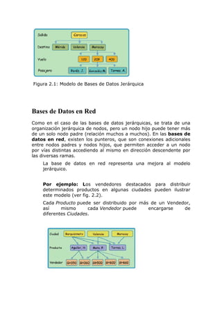 Figura 2.1: Modelo de Bases de Datos Jerárquica
Bases de Datos en Red
Como en el caso de las bases de datos jerárquicas, se trata de una
organización jerárquica de nodos, pero un nodo hijo puede tener más
de un solo nodo padre (relación muchos a muchos). En las bases de
datos en red, existen los punteros, que son conexiones adicionales
entre nodos padres y nodos hijos, que permiten acceder a un nodo
por vías distintas accediendo al mismo en dirección descendente por
las diversas ramas.
La base de datos en red representa una mejora al modelo
jerárquico.
Por ejemplo: Los vendedores destacados para distribuir
determinados productos en algunas ciudades pueden ilustrar
este modelo (ver fig. 2.2).
Cada Producto puede ser distribuido por más de un Vendedor,
así mismo cada Vendedor puede encargarse de
diferentes Ciudades.
 