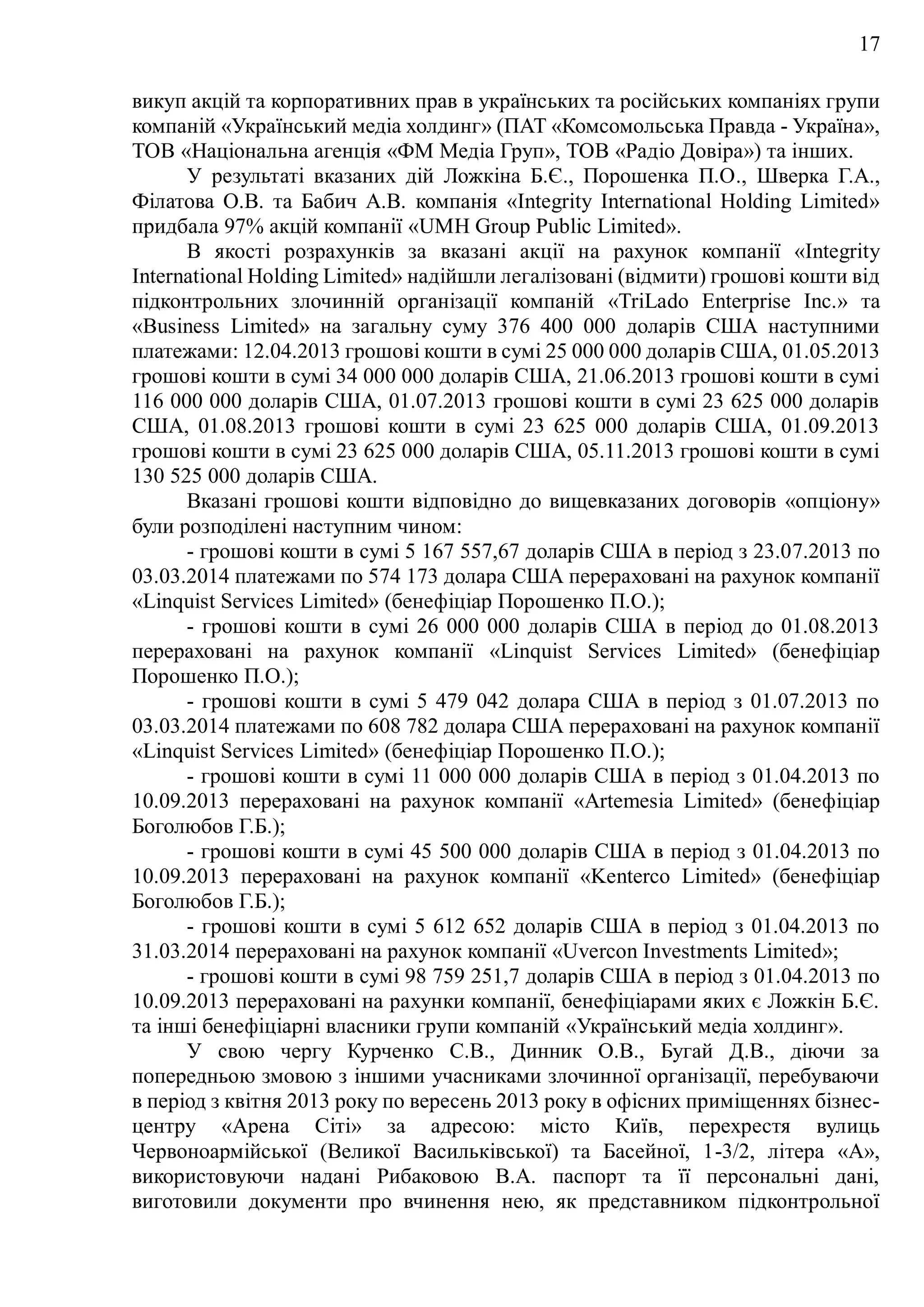 17
викуп акцій та корпоративних прав в українських та російських компаніях групи
компаній «Український медіа холдинг» (ПАТ «Комсомольська Правда - Україна»,
ТОВ «Національна агенція «ФМ Медіа Груп», ТОВ «Радіо Довіра») та інших.
У результаті вказаних дій Ложкіна Б.Є., Порошенка П.О., Шверка Г.А.,
Філатова О.В. та Бабич А.В. компанія «Integrity International Holding Limited»
придбала 97% акцій компанії «UMH Group Public Limited».
В якості розрахунків за вказані акції на рахунок компанії «Integrity
International Holding Limited» надійшли легалізовані (відмити) грошові кошти від
підконтрольних злочинній організації компаній «TriLado Enterprise Inc.» та
«Business Limited» на загальну суму 376 400 000 доларів США наступними
платежами: 12.04.2013 грошові кошти в сумі 25 000 000 доларів США, 01.05.2013
грошові кошти в сумі 34 000 000 доларів США, 21.06.2013 грошові кошти в сумі
116 000 000 доларів США, 01.07.2013 грошові кошти в сумі 23 625 000 доларів
США, 01.08.2013 грошові кошти в сумі 23 625 000 доларів США, 01.09.2013
грошові кошти в сумі 23 625 000 доларів США, 05.11.2013 грошові кошти в сумі
130 525 000 доларів США.
Вказані грошові кошти відповідно до вищевказаних договорів «опціону»
були розподілені наступним чином:
- грошові кошти в сумі 5 167 557,67 доларів США в період з 23.07.2013 по
03.03.2014 платежами по 574 173 долара США перераховані на рахунок компанії
«Linquist Services Limited» (бенефіціар Порошенко П.О.);
- грошові кошти в сумі 26 000 000 доларів США в період до 01.08.2013
перераховані на рахунок компанії «Linquist Services Limited» (бенефіціар
Порошенко П.О.);
- грошові кошти в сумі 5 479 042 долара США в період з 01.07.2013 по
03.03.2014 платежами по 608 782 долара США перераховані на рахунок компанії
«Linquist Services Limited» (бенефіціар Порошенко П.О.);
- грошові кошти в сумі 11 000 000 доларів США в період з 01.04.2013 по
10.09.2013 перераховані на рахунок компанії «Artemesia Limited» (бенефіціар
Боголюбов Г.Б.);
- грошові кошти в сумі 45 500 000 доларів США в період з 01.04.2013 по
10.09.2013 перераховані на рахунок компанії «Kenterco Limited» (бенефіціар
Боголюбов Г.Б.);
- грошові кошти в сумі 5 612 652 доларів США в період з 01.04.2013 по
31.03.2014 перераховані на рахунок компанії «Uvercon Investments Limited»;
- грошові кошти в сумі 98 759 251,7 доларів США в період з 01.04.2013 по
10.09.2013 перераховані на рахунки компанії, бенефіціарами яких є Ложкін Б.Є.
та інші бенефіціарні власники групи компаній «Український медіа холдинг».
У свою чергу Курченко С.В., Динник О.В., Бугай Д.В., діючи за
попередньою змовою з іншими учасниками злочинної організації, перебуваючи
в період з квітня 2013 року по вересень 2013 року в офісних приміщеннях бізнес-
центру «Арена Сіті» за адресою: місто Київ, перехрестя вулиць
Червоноармійської (Великої Васильківської) та Басейної, 1-3/2, літера «А»,
використовуючи надані Рибаковою В.А. паспорт та її персональні дані,
виготовили документи про вчинення нею, як представником підконтрольної
 