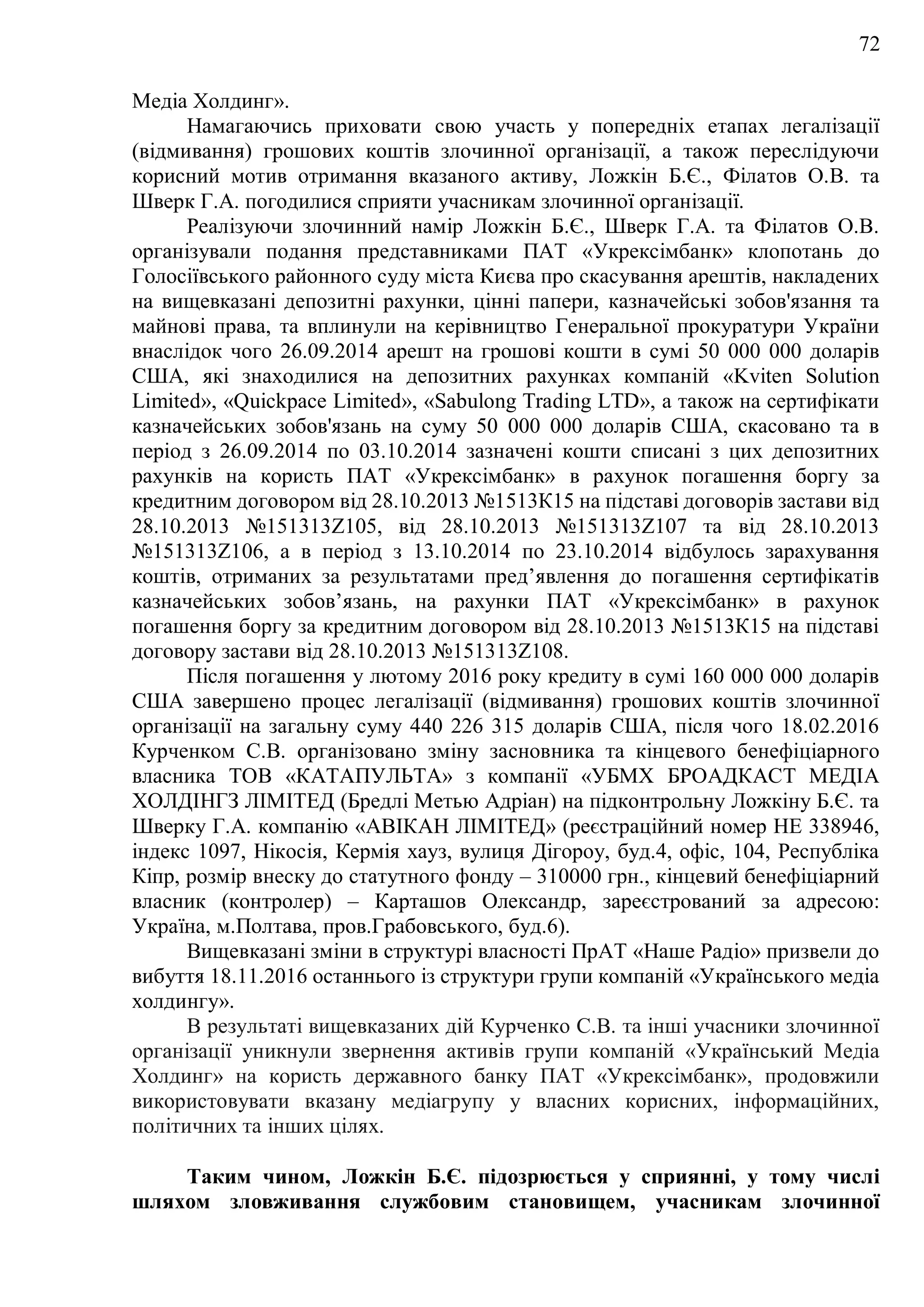 72
Медіа Холдинг».
Намагаючись приховати свою участь у попередніх етапах легалізації
(відмивання) грошових коштів злочинної організації, а також переслідуючи
корисний мотив отримання вказаного активу, Ложкін Б.Є., Філатов О.В. та
Шверк Г.А. погодилися сприяти учасникам злочинної організації.
Реалізуючи злочинний намір Ложкін Б.Є., Шверк Г.А. та Філатов О.В.
організували подання представниками ПАТ «Укрексімбанк» клопотань до
Голосіївського районного суду міста Києва про скасування арештів, накладених
на вищевказані депозитні рахунки, цінні папери, казначейські зобов'язання та
майнові права, та вплинули на керівництво Генеральної прокуратури України
внаслідок чого 26.09.2014 арешт на грошові кошти в сумі 50 000 000 доларів
США, які знаходилися на депозитних рахунках компаній «Kviten Solution
Limited», «Quickpace Limited», «Sabulong Trading LTD», а також на сертифікати
казначейських зобов'язань на суму 50 000 000 доларів США, скасовано та в
період з 26.09.2014 по 03.10.2014 зазначені кошти списані з цих депозитних
рахунків на користь ПАТ «Укрексімбанк» в рахунок погашення боргу за
кредитним договором від 28.10.2013 №1513К15 на підставі договорів застави від
28.10.2013 №151313Z105, від 28.10.2013 №151313Z107 та від 28.10.2013
№151313Z106, а в період з 13.10.2014 по 23.10.2014 відбулось зарахування
коштів, отриманих за результатами пред’явлення до погашення сертифікатів
казначейських зобов’язань, на рахунки ПАТ «Укрексімбанк» в рахунок
погашення боргу за кредитним договором від 28.10.2013 №1513К15 на підставі
договору застави від 28.10.2013 №151313Z108.
Після погашення у лютому 2016 року кредиту в сумі 160 000 000 доларів
США завершено процес легалізації (відмивання) грошових коштів злочинної
організації на загальну суму 440 226 315 доларів США, після чого 18.02.2016
Курченком С.В. організовано зміну засновника та кінцевого бенефіціарного
власника ТОВ «КАТАПУЛЬТА» з компанії «УБМХ БРОАДКАСТ МЕДІА
ХОЛДІНГЗ ЛІМІТЕД (Бредлі Метью Адріан) на підконтрольну Ложкіну Б.Є. та
Шверку Г.А. компанію «АВІКАН ЛІМІТЕД» (реєстраційний номер HE 338946,
індекс 1097, Нікосія, Кермія хауз, вулиця Дігороу, буд.4, офіс, 104, Республіка
Кіпр, розмір внеску до статутного фонду – 310000 грн., кінцевий бенефіціарний
власник (контролер) – Карташов Олександр, зареєстрований за адресою:
Україна, м.Полтава, пров.Грабовського, буд.6).
Вищевказані зміни в структурі власності ПрАТ «Наше Радіо» призвели до
вибуття 18.11.2016 останнього із структури групи компаній «Українського медіа
холдингу».
В результаті вищевказаних дій Курченко С.В. та інші учасники злочинної
організації уникнули звернення активів групи компаній «Український Медіа
Холдинг» на користь державного банку ПАТ «Укрексімбанк», продовжили
використовувати вказану медіагрупу у власних корисних, інформаційних,
політичних та інших цілях.
Таким чином, Ложкін Б.Є. підозрюється у сприянні, у тому числі
шляхом зловживання службовим становищем, учасникам злочинної
 