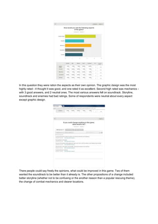 In this question they were ration the aspects as their own opinion. The graphic design was the most 
highly rated - 4 thought it was good, and one rated it as excellent. Second high rated was mechanics - 
with 3 good answers, and 2 neutral ones. The most various answers fell on soundtrack. Storyline, 
soundtrack and enemies had bad ratings. Some of respondents were neutral about every aspect 
except graphic design. 
There people could say freely the opinions, what could be improved in this game. Two of them 
wanted the soundtrack to be better than it already is. The other propositions of a change included 
better storyline (whether not to be confusing or the another reason than a popular rescuing theme), 
the change of combat mechanics and clearer locations. 
 