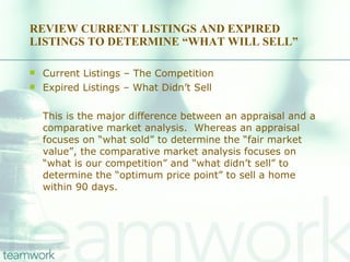 REVIEW CURRENT LISTINGS AND EXPIRED LISTINGS TO DETERMINE “WHAT WILL SELL” Current Listings – The Competition Expired Listings – What Didn’t Sell This is the major difference between an appraisal and a comparative market analysis.  Whereas an appraisal focuses on “what sold” to determine the “fair market value”, the comparative market analysis focuses on “what is our competition” and “what didn’t sell” to determine the “optimum price point” to sell a home within 90 days. 