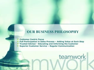 OUR BUSINESS PHILOSOPHY Customer Centric Focus Full Participation in Sales Process – Adding Value at Each Step Trusted Advisor - Educating and Informing the Customer Superior Customer Service – Regular Communication 