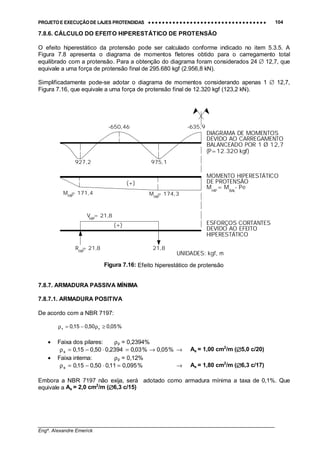 PROJETO E EXECUÇÃO DE LAJES PROTENDIDAS •••• •••• •••• •••• •••• •••• •••• •••• •••• •••• •••• •••• •••• •••• •••• •••• •••• •••• •••• •••• •••• •••• •••• •••• •••• •••• •••• •••• •••• •••• •••• •••• •••• •••• 104
________________________________________________________________________________
Engº. Alexandre Emerick
7.8.6. CÁLCULO DO EFEITO HIPERESTÁTICO DE PROTENSÃO
O efeito hiperestático da protensão pode ser calculado conforme indicado no item 5.3.5. A
Figura 7.8 apresenta o diagrama de momentos fletores obtido para o carregamento total
equilibrado com a protensão. Para a obtenção do diagrama foram considerados 24 ∅ 12,7, que
equivale a uma força de protensão final de 295.680 kgf (2.956,8 kN).
Simplificadamente pode-se adotar o diagrama de momentos considerando apenas 1 ∅ 12,7,
Figura 7.16, que equivale a uma força de protensão final de 12.320 kgf (123,2 kN).
UNIDADES: kgf, m
M = 174,3
HIP
V = 21,8
R = 21,8
HIP
M = 171,4HIP
(+)
(+)
HIP
927,2
-650,46
975,1
DEVIDO AO EFEITO
ESFORÇOS CORTANTES
MOMENTO HIPERESTÁTICO
HIPERESTÁTICO
DE PROTENSÃO
M = M - PeHIP BAL
DIAGRAMA DE MOMENTOS
DEVIDO AO CARREGAMENTO
BALANCEADO POR 1 Ø 12,7
-635,9
(P=12.320 kgf)
21,8
Figura 7.16: Efeito hiperestático de protensão
7.8.7. ARMADURA PASSIVA MÍNIMA
7.8.7.1. ARMADURA POSITIVA
De acordo com a NBR 7197:
%05,050,015,0 ps ≥ρ−=ρ
• Faixa dos pilares: ρp = 0,2394%
%05,0%03,02394,050,015,0s →=⋅−=ρ → As = 1,00 cm2
/m (∅∅∅∅5,0 c/20)
• Faixa interna: ρp = 0,12%
%095,011,050,015,0s =⋅−=ρ → As = 1,80 cm2
/m (∅∅∅∅6,3 c/17)
Embora a NBR 7197 não exija, será adotado como armadura mínima a taxa de 0,1%. Que
equivale a As = 2,0 cm2
/m (∅∅∅∅6,3 c/15)
 