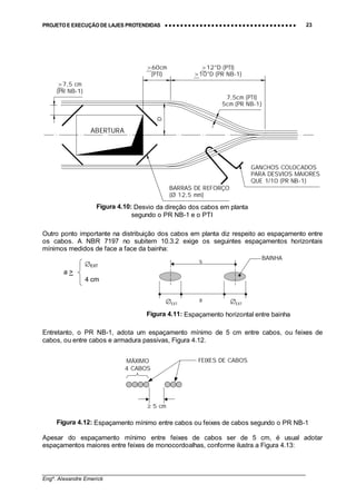 PROJETO E EXECUÇÃO DE LAJES PROTENDIDAS •••• •••• •••• •••• •••• •••• •••• •••• •••• •••• •••• •••• •••• •••• •••• •••• •••• •••• •••• •••• •••• •••• •••• •••• •••• •••• •••• •••• •••• •••• •••• •••• •••• •••• 23
________________________________________________________________________________
Engº. Alexandre Emerick
7,5cm (PTI)
5cm (PR NB-1)
GANCHOS COLOCADOS
PARA DESVIOS MAIORES
QUE 1/10 (PR NB-1)
>12*D (PTI)
>10*D (PR NB-1)
ABERTURA
>7,5 cm
(PR NB-1)
>60cm
(PTI)
D
BARRAS DE REFORÇO
(Ø 12,5 mm)
Outro ponto importante na distribuição dos cabos em planta diz respeito ao espaçamento entre
os cabos. A NBR 7197 no subitem 10.3.2 exige os seguintes espaçamentos horizontais
mínimos medidos de face a face da bainha:
∅EXT
a >
4 cm
Entretanto, o PR NB-1, adota um espaçamento mínimo de 5 cm entre cabos, ou feixes de
cabos, ou entre cabos e armadura passivas, Figura 4.12.
Figura 4.12: Espaçamento mínimo entre cabos ou feixes de cabos segundo o PR NB-1
Apesar do espaçamento mínimo entre feixes de cabos ser de 5 cm, é usual adotar
espaçamentos maiores entre feixes de monocordoalhas, conforme ilustra a Figura 4.13:
a∅EXT ∅EXT
Figura 4.11: Espaçamento horizontal entre bainha
s
BAINHA
Figura 4.10: Desvio da direção dos cabos em planta
segundo o PR NB-1 e o PTI
FEIXES DE CABOS
≥ 5 cm
MÁXIMO
4 CABOS
 