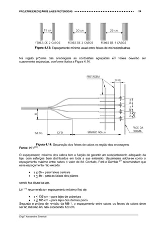 PROJETO E EXECUÇÃO DE LAJES PROTENDIDAS •••• •••• •••• •••• •••• •••• •••• •••• •••• •••• •••• •••• •••• •••• •••• •••• •••• •••• •••• •••• •••• •••• •••• •••• •••• •••• •••• •••• •••• •••• •••• •••• •••• •••• 24
________________________________________________________________________________
Engº. Alexandre Emerick
Figura 4.13: Espaçamento mínimo usual entre feixes de monocordoalhas
Na região próxima das ancoragens as cordoalhas agrupadas em feixes deverão ser
suavemente separadas, conforme ilustra a Figura 4.14.
FACE DA
FÔRMA
D
12*D MÍNIMO 90 cm
8cm8cm
3H/8
8cm
(MÍM)
FRETAGEM
Figura 4.14: Separação dos feixes de cabos na região das ancoragens
Fonte: PTI [30]
O espaçamento máximo dos cabos tem a função de garantir um comportamento adequado da
laje, com esforços bem distribuídos em toda a sua extensão. Usualmente adota-se como o
espaçamento máximo entre cabos o valor de 8d. Contudo, Park e Gamble [27]
recomendam que
esse espaçamento não exceda:
• s < 6h – para faixas centrais
• s < 4h – para as faixas dos pilares
sendo h a altura da laje.
Lin [15]
recomenda um espaçamento máximo fixo de:
• s < 135 cm – para lajes de cobertura
• s < 105 cm – para lajes dos demais pisos
Segundo o projeto de revisão da NB-1, o espaçamento entre cabos ou feixes de cabos deve
ser no máximo 6h, não excedendo 120 cm.
15 cm 20 cm
FEIXES DE 2 CABOS FEIXES DE 3 CABOS
25 cm
FEIXES DE 4 CABOS
S/ESC.
 
