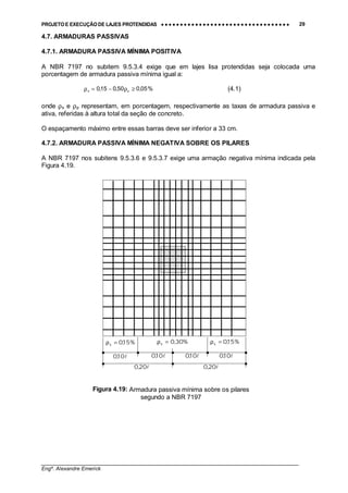 PROJETO E EXECUÇÃO DE LAJES PROTENDIDAS •••• •••• •••• •••• •••• •••• •••• •••• •••• •••• •••• •••• •••• •••• •••• •••• •••• •••• •••• •••• •••• •••• •••• •••• •••• •••• •••• •••• •••• •••• •••• •••• •••• •••• 29
________________________________________________________________________________
Engº. Alexandre Emerick
4.7. ARMADURAS PASSIVAS
4.7.1. ARMADURA PASSIVA MÍNIMA POSITIVA
A NBR 7197 no subitem 9.5.3.4 exige que em lajes lisa protendidas seja colocada uma
porcentagem de armadura passiva mínima igual a:
%05,050,015,0 ps ≥ρ−=ρ (4.1)
onde ρs e ρp representam, em porcentagem, respectivamente as taxas de armadura passiva e
ativa, referidas à altura total da seção de concreto.
O espaçamento máximo entre essas barras deve ser inferior a 33 cm.
4.7.2. ARMADURA PASSIVA MÍNIMA NEGATIVA SOBRE OS PILARES
A NBR 7197 nos subitens 9.5.3.6 e 9.5.3.7 exige uma armação negativa mínima indicada pela
Figura 4.19.
!10,0
!20,0!20,0
!10,0
%15,0s =ρ %15,0s =ρ%30,0s =ρ
!10,0 !10,0
Figura 4.19: Armadura passiva mínima sobre os pilares
segundo a NBR 7197
 