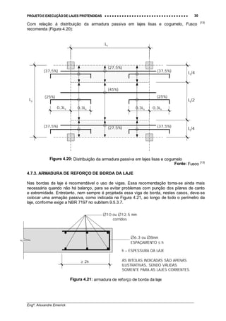 PROJETO E EXECUÇÃO DE LAJES PROTENDIDAS •••• •••• •••• •••• •••• •••• •••• •••• •••• •••• •••• •••• •••• •••• •••• •••• •••• •••• •••• •••• •••• •••• •••• •••• •••• •••• •••• •••• •••• •••• •••• •••• •••• •••• 30
________________________________________________________________________________
Engº. Alexandre Emerick
Com relação à distribuição da armadura passiva em lajes lisas e cogumelo, Fusco [13]
recomenda (Figura 4.20):
Figura 4.20: Distribuição da armadura passiva em lajes lisas e cogumelo
Fonte: Fusco [13]
4.7.3. ARMADURA DE REFORÇO DE BORDA DA LAJE
Nas bordas da laje é recomendável o uso de vigas. Essa recomendação torna-se ainda mais
necessária quando não há balanço, para se evitar problemas com punção dos pilares de canto
e extremidade. Entretanto, nem sempre é projetada essa viga de borda, nestes casos, deve-se
colocar uma armação passiva, como indicada na Figura 4.21, ao longo de todo o perímetro da
laje, conforme exige a NBR 7197 no subitem 9.5.3.7.
Figura 4.21: armadura de reforço de borda da laje
Lx
Ly
Ly/4
Ly/2
Ly/4(27,5%)
(27,5%)
(45%)
(37,5%)
(25%)
(37,5%)
(37,5%)
(25%)
(37,5%)
0,3Lx 0,3Lx 0,3Lx 0,3Lx
≥ 2h
∅10 ou ∅12.5 mm
corridos
∅6.3 ou ∅8mm
ESPAÇAMENTO ≤ h
h – ESPESSURA DA LAJE
AS BITOLAS INDICADAS SÃO APENAS
ILUSTRATIVAS, SENDO VÁLIDAS
SOMENTE PARA AS LAJES CORRENTES.
 