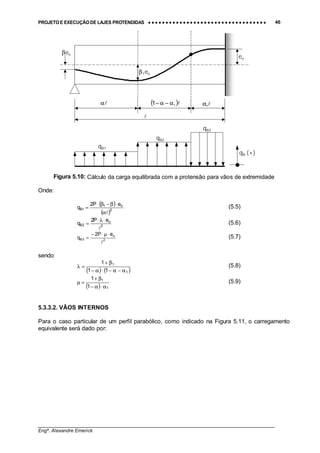 PROJETO E EXECUÇÃO DE LAJES PROTENDIDAS •••• •••• •••• •••• •••• •••• •••• •••• •••• •••• •••• •••• •••• •••• •••• •••• •••• •••• •••• •••• •••• •••• •••• •••• •••• •••• •••• •••• •••• •••• •••• •••• •••• •••• 46
________________________________________________________________________________
Engº. Alexandre Emerick
Figura 5.10: Cálculo da carga equilibrada com a protensão para vãos de extremidade
Onde:
( )
( )2
o1
1B
eP2
q
!α
⋅β−β⋅
= (5.5)
2
o
2B
eP2
q
!
⋅λ⋅
= (5.6)
2
o
3B
eP2
q
!
⋅µ⋅−
= (5.7)
sendo
( ) ( )1
1
11
1
α−α−⋅α−
β+
=λ (5.8)
( ) 1
1
1
1
α⋅α−
β+
=µ (5.9)
5.3.3.2. VÃOS INTERNOS
Para o caso particular de um perfil parabólico, como indicado na Figura 5.11, o carregamento
equivalente será dado por:
eo
!α !1α
!
β1eo
βeo
qB1
qB2
qB3
qB (+)
( )!11 α−α−
 