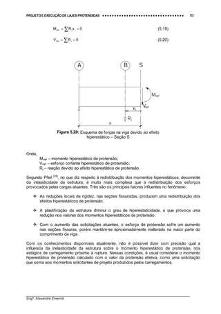 PROJETO E EXECUÇÃO DE LAJES PROTENDIDAS •••• •••• •••• •••• •••• •••• •••• •••• •••• •••• •••• •••• •••• •••• •••• •••• •••• •••• •••• •••• •••• •••• •••• •••• •••• •••• •••• •••• •••• •••• •••• •••• •••• •••• 53
________________________________________________________________________________
Engº. Alexandre Emerick
∑ == 0xRM jjHIP (5.19)
∑ == 0RV jHIP (5.20)
BA
jx
S
a
jR
HIPV
HIPM
Onde,
MHIP – momento hiperestático de protensão;
VHIP – esforço cortante hiperestático de protensão;
Rj – reação devido ao efeito hiperestático de protensão.
Segundo Pfeil [28]
, no que diz respeito à redistribuição dos momentos hiperestáticos, decorrente
da inelasticidade da estrutura, é muito mais complexa que a redistribuição dos esforços
provocados pelas cargas atuantes. Três são os principais fatores influentes no fenômeno:
#"As reduções locais de rigidez, nas seções fissuradas, produzem uma redistribuição dos
efeitos hiperestáticos de protensão.
#"A plastificação da estrutura diminui o grau de hiperestaticidade, o que provoca uma
redução nos valores dos momentos hiperestáticos de protensão.
#"Com o aumento das solicitações atuantes, o esforço de protensão sofre um aumento
nas seções fissuras, porém mantém-se aproximadamente inalterado na maior parte do
comprimento da viga.
Com os conhecimentos disponíveis atualmente, não é possível dizer com precisão qual a
influencia da inelasticidade da estrutura sobre o momento hiperestático de protensão, nos
estágios de carregamento próximo à ruptura. Nessas condições, é usual considerar o momento
hiperestático de protensão calculado com o valor da protensão efetiva, como uma solicitação
que soma aos momentos solicitantes de projeto produzidos pelos carregamentos.
Figura 5.20: Esquema de forças na viga devido ao efeito
hiperestático – Seção S
 