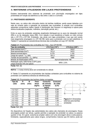 PROJETO E EXECUÇÃO DE LAJES PROTENDIDAS •••• •••• •••• •••• •••• •••• •••• •••• •••• •••• •••• •••• •••• •••• •••• •••• •••• •••• •••• •••• •••• •••• •••• •••• •••• •••• •••• •••• •••• •••• •••• •••• •••• •••• 4
________________________________________________________________________________
Engº. Alexandre Emerick
3. MATERIAIS UTILIZADOS EM LAJES PROTENDIDAS
Existem basicamente dois sistemas de protensão com pós-tração empregados em lajes
protendidas em função da aderência ou não entre o cabo e o concreto:
3.1. PROTENSÃO ADERENTE
Neste caso, os cabos são colocados dentro de bainhas metálicas, sendo essas injetadas com
nata de cimento após a operação de protensão das cordoalhas. A solução com cordoalhas
aderentes comporta-se melhor quanto à distribuição das fissuras e à segurança à ruptura para
efeitos localizados (explosão, incêndios, demolição parcial, etc.).
Entre os aços de protensão existentes atualmente distinguem-se os aços de relaxação normal
(RN) e os de relaxação baixa (RB). Com relação à sua resistência a tração os mais comuns
são o CP-175 e CP-190. Entretanto, nas obras com lajes protendidas o aço que vem sendo
mais largamente empregado é o CP-190 RB, tanto para a protensão com ou sem aderência. A
Tabela 3.1 apresenta as características técnicas das cordoalhas com aço CP-190 RB.
Tabela 3.1: Propriedades das cordoalhas de 7 fios – Aço CP190 RB
Tipo de cordoalha ∅∅∅∅12,7mm (1/2”) ∅∅∅∅15,2mm (5/8”)
Área mínima (mm2
)(1)
98,7 140,0
Área aproximada (mm2
) 101,4 143,5
Massa nominal (kg/m) 0,775 1,102
Carga de ruptura − fptk (kN) 187,3 265,8
Tensão de escoamento – fpyk (MPa) 1585 1688
Módulo de Elasticidade (GPa) Aproximadamente 196
Relaxação após 1000 horas a 20ºC para
carga inicial de 70% da ruptura
MÁX. 2,5%
Fonte: Ref. [5]
_______________________
NOTA: 1. A área mínima deve ser considerada no cálculo
A Tabela 3.2 apresenta as propriedades das bainhas achatadas para cordoalhas no sistema de
protensão com aderência extraída da referência [35].
Tabela 3.2: Propriedades das bainhas chatas corrugadas
Tipo de
cabo
H
(mm)
B
(mm)
Peso
linear
(kg/m)
Consumo
de cimento
p/ injeção
(kg/m)
Consumo
de calda
(L/m)
1 ∅ 12,7 19 35 0,41 0,80 0,58
2 ∅ 12,7 19 35 0,41 0,67 0,48
3 ∅ 12,7 19 69 0,60 1,43 1,03
4 ∅ 12,7 19 69 0,60 1,30 0,93
1 ∅ 15,2 21 35 0,43 0,90 0,65
2 ∅ 15,2 21 69 0,62 1,77 1,28
3 ∅ 15,2 21 69 0,62 1,56 1,13
4 ∅ 15,2 21 75 0,68 1,55 1,12
Fonte: Ref. [35]
Os dispositivos de fixação das extremidades dos cabos são chamados de ancoragens. Essas
ancoragens podem ser ativas, quando permite a operação de protender os cabos, ou passiva
quando é fixa. Em geral, costuma-se projetar cabos com uma ancoragem ativa e outra passiva.
Entretanto, especialmente para cabos longos, comprimentos maiores que 40 metros, pode ser
B
H
Figura 3.1: Dimensões
externas para bainhas
achatadas
 