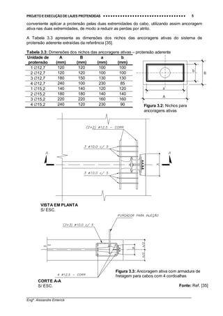 PROJETO E EXECUÇÃO DE LAJES PROTENDIDAS •••• •••• •••• •••• •••• •••• •••• •••• •••• •••• •••• •••• •••• •••• •••• •••• •••• •••• •••• •••• •••• •••• •••• •••• •••• •••• •••• •••• •••• •••• •••• •••• •••• •••• 5
________________________________________________________________________________
Engº. Alexandre Emerick
CORTE A-A
S/ ESC.
VISTA EM PLANTA
S/ ESC.
Figura 3.3: Ancoragem ativa com armadura de
fretagem para cabos com 4 cordoalhas
Fonte: Ref. [35]
conveniente aplicar a protensão pelas duas extremidades do cabo, utilizando assim ancoragem
ativa nas duas extremidades, de modo a reduzir as perdas por atrito.
A Tabela 3.3 apresenta as dimensões dos nichos das ancoragens ativas do sistema de
protensão aderente extraídas da referência [35].
Tabela 3.3: Dimensões dos nichos das ancoragens ativas – protensão aderente
Unidade de
protensão
A
(mm)
B
(mm)
a
(mm)
b
(mm)
1 ∅12,7 120 120 100 100
2 ∅12,7 120 120 100 100
3 ∅12,7 180 150 130 130
4 ∅12,7 240 100 230 85
1 ∅15,2 140 140 120 120
2 ∅15,2 180 180 140 140
3 ∅15,2 220 220 160 160
4 ∅15,2 240 120 230 90
a
A
b
B
Figura 3.2: Nichos para
ancoragens ativas
 