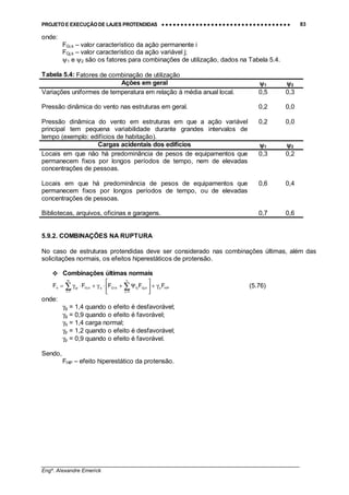 PROJETO E EXECUÇÃO DE LAJES PROTENDIDAS •••• •••• •••• •••• •••• •••• •••• •••• •••• •••• •••• •••• •••• •••• •••• •••• •••• •••• •••• •••• •••• •••• •••• •••• •••• •••• •••• •••• •••• •••• •••• •••• •••• •••• 83
________________________________________________________________________________
Engº. Alexandre Emerick
onde:
FGi,k – valor característico da ação permanente i
FQj,k – valor característico da ação variável j;
ψ1 e ψ2 são os fatores para combinações de utilização, dados na Tabela 5.4.
Tabela 5.4: Fatores de combinação de utilização
Ações em geral ψψψψ1 ψψψψ2
Variações uniformes de temperatura em relação à média anual local.
Pressão dinâmica do vento nas estruturas em geral.
Pressão dinâmica do vento em estruturas em que a ação variável
principal tem pequena variabilidade durante grandes intervalos de
tempo (exemplo: edifícios de habitação).
0,5
0,2
0,2
0,3
0,0
0,0
Cargas acidentais dos edifícios ψψψψ1 ψψψψ2
Locais em que não há predominância de pesos de equipamentos que
permanecem fixos por longos períodos de tempo, nem de elevadas
concentrações de pessoas.
Locais em que há predominância de pesos de equipamentos que
permanecem fixos por longos períodos de tempo, ou de elevadas
concentrações de pessoas.
Bibliotecas, arquivos, oficinas e garagens.
0,3
0,6
0,7
0,2
0,4
0,6
5.9.2. COMBINAÇÕES NA RUPTURA
No caso de estruturas protendidas deve ser considerado nas combinações últimas, além das
solicitações normais, os efeitos hiperestáticos de protensão.
#"Combinações últimas normais
HIPp
n
2j
k,Qjj0k,1Qq
m
1i
k,Gigid FFFFF γ+





Ψ+⋅γ+⋅γ= ∑∑ ==
(5.76)
onde:
γg = 1,4 quando o efeito é desfavorável;
γg = 0,9 quando o efeito é favorável;
γq = 1,4 carga normal;
γp = 1,2 quando o efeito é desfavorável;
γp = 0,9 quando o efeito é favorável.
Sendo,
FHIP – efeito hiperestático da protensão.
 