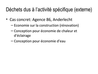 Déchets dus à l’activité spécifique (externe)
• Cas concret: Agence 86, Anderlecht
– Economie sur la construction (rénovation)
– Conception pour économie de chaleur et
d’éclairage
– Conception pour économie d’eau

 