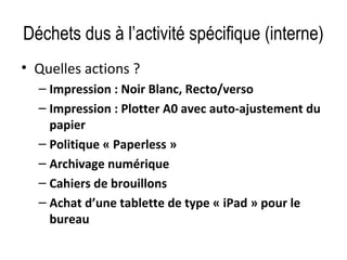 Déchets dus à l’activité spécifique (interne)
• Quelles actions ?
– Impression : Noir Blanc, Recto/verso
– Impression : Plotter A0 avec auto-ajustement du 
papier
– Politique « Paperless »
– Archivage numérique
– Cahiers de brouillons
– Achat d’une tablette de type « iPad » pour le 
bureau

 