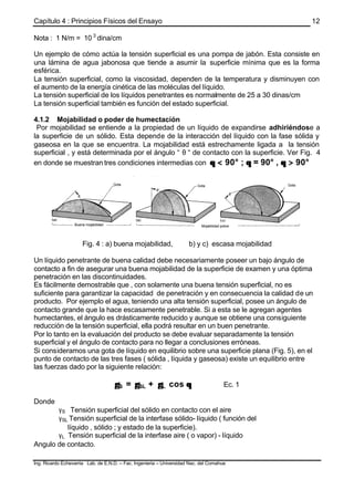 Capítulo 4 : Principios Físicos del Ensayo
Ing. Ricardo Echevarria Lab. de E.N.D. – Fac. Ingenieria – Universidad Nac. del Comahue
12
Nota : 1 N/m = 10 3
dina/cm
Un ejemplo de cómo actúa la tensión superficial es una pompa de jabón. Esta consiste en
una lámina de agua jabonosa que tiende a asumir la superficie mínima que es la forma
esférica.
La tensión superficial, como la viscosidad, dependen de la temperatura y disminuyen con
el aumento de la energía cinética de las moléculas del líquido.
La tensión superficial de los líquidos penetrantes es normalmente de 25 a 30 dinas/cm
La tensión superficial también es función del estado superficial.
4.1.2 Mojabilidad o poder de humectación
Por mojabilidad se entiende a la propiedad de un líquido de expandirse adhiriéndose a
la superficie de un sólido. Esta depende de la interacción del líquido con la fase sólida y
gaseosa en la que se encuentra. La mojabilidad está estrechamente ligada a la tensión
superficial , y está determinada por el ángulo “ θ “ de contacto con la superficie. Ver Fig. 4
en donde se muestran tres condiciones intermedias con θθ << 90° ; θθ = 90° , θθ >> 90°
Fig. 4 : a) buena mojabilidad, b) y c) escasa mojabilidad
Un líquido penetrante de buena calidad debe necesariamente poseer un bajo ángulo de
contacto a fin de asegurar una buena mojabilidad de la superficie de examen y una óptima
penetración en las discontinuidades.
Es fácilmente demostrable que , con solamente una buena tensión superficial, no es
suficiente para garantizar la capacidad de penetración y en consecuencia la calidad de un
producto. Por ejemplo el agua, teniendo una alta tensión superficial, posee un ángulo de
contacto grande que la hace escasamente penetrable. Si a esta se le agregan agentes
humectantes, el ángulo es drásticamente reducido y aunque se obtiene una consiguiente
reducción de la tensión superficial, ella podrá resultar en un buen penetrante.
Por lo tanto en la evaluación del producto se debe evaluar separadamente la tensión
superficial y el ángulo de contacto para no llegar a conclusiones erróneas.
Si consideramos una gota de líquido en equilibrio sobre una superficie plana (Fig. 5), en el
punto de contacto de las tres fases ( sólida , líquida y gaseosa) existe un equilibrio entre
las fuerzas dado por la siguiente relación:
γγS = γγSL + γγL cos θθ Ec. 1
Donde
γS Tensión superficial del sólido en contacto con el aire
γSL Tensión superficial de la interfase sólido- líquido ( función del
líquido , sólido ; y estado de la superficie).
γL Tensión superficial de la interfase aire ( o vapor) - líquido
Angulo de contacto.
 