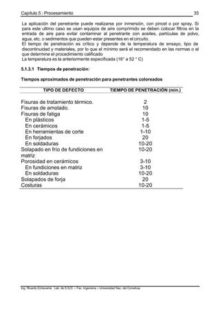 Capítulo 5 : Procesamiento
Ing. Ricardo Echevarria Lab. de E.N.D. – Fac. Ingenieria – Universidad Nac. del Comahue
35
La aplicación del penetrante puede realizarse por inmersión, con pincel o por spray. Si
para este ultimo caso se usan equipos de aire comprimido se deben colocar filtros en la
entrada de aire para evitar contaminar al penetrante con aceites, partículas de polvo,
agua, etc. o sedimentos que pueden estar presentes en el circuito.
El tiempo de penetración es crítico y depende de la temperatura de ensayo, tipo de
discontinuidad y materiales, por lo que el mínimo será el recomendado en las normas o el
que determine el procedimiento calificado
La temperatura es la anteriormente especificada (16° a 52 ° C)
5.1.3.1 Tiempos de penetración:
Tiempos aproximados de penetración para penetrantes coloreados
TIPO DE DEFECTO TIEMPO DE PENETRACIÓN (min.)
Fisuras de tratamiento térmico. 2
Fisuras de amolado. 10
Fisuras de fatiga 10
En plásticos 1-5
En cerámicos 1-5
En herramientas de corte 1-10
En forjados 20
En soldaduras 10-20
Solapado en frío de fundiciones en
matriz
10-20
Porosidad en cerámicos 3-10
En fundiciones en matriz 3-10
En soldaduras 10-20
Solapados de forja 20
Costuras 10-20
 