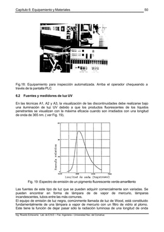 Capítulo 6: Equipamiento y Materiales
Ing. Ricardo Echevarria Lab. de E.N.D. – Fac. Ingenieria – Universidad Nac. del Comahue
50
Fig.18: Equipamiento para inspección automatizada. Arriba el operador chequeando a
través de la pantalla PLC
6.2 Fuentes y medidores de luz UV
En las técnicas A1, A2 y A3, la visualización de las discontinuidades debe realizarse bajo
una iluminación de luz UV debido a que los productos fluorescentes de los líquidos
penetrantes se visualizan con la máxima eficacia cuando son irradiados con una longitud
de onda de 365 nm. ( ver Fig. 19).
Fig. 19 :Espectro de emisión de un pigmento fluorescente verde-amarillento
Las fuentes de este tipo de luz que se pueden adquirir comercialmente son variadas. Se
pueden encontrar en forma de lámpara de de vapor de mercurio, lámparas
incandescentes, tubos entre las más comunes.
El equipo de emisión de luz negra, comúnmente llamada de luz de Wood, está constituido
fundamentalmente de una lámpara a vapor de mercurio con un filtro de vidrio al plomo.
Este tiene la función de dejar pasar sólo la radiación luminosa de una longitud de onda
 