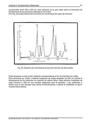 Capítulo 6: Equipamiento y Materiales
Ing. Ricardo Echevarria Lab. de E.N.D. – Fac. Ingenieria – Universidad Nac. del Comahue
51
comprendida entre 320 a 400 nm. Esta radiación es la que mejor activa el fenómeno de
fluorescencia de los productos utilizados en el control.
En la fig. 20 puede observarse la emisión de una lámpara de vapor de mercurio.
Fig: 20: Espectro de una lámpara de arco de mercurio de alta presión.
Estas lámparas no solo emiten radiación correspondiente al UV sino también luz visible.
Para eliminarla luz visible y obtener longitudes de ondas alrededor de 365 nm (donde la
fluorescencia de los productos es máxima) se utilizan filtros. Estos eliminan longitudes de
onda menores a 320 nm que resultan peligrosas para el operador, y las superiores a
400nm que no son eficaces para activar la fluorescencia y mejorar la visibilidad. La fig 21
muestra estos efectos.
 